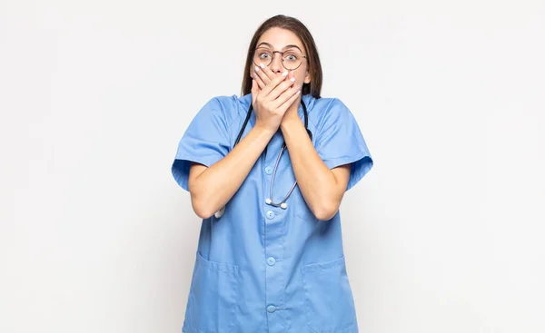 Young Blonde Woman Covering Mouth Hands Shocked Surprised Expression Keeping — Stock Photo, Image