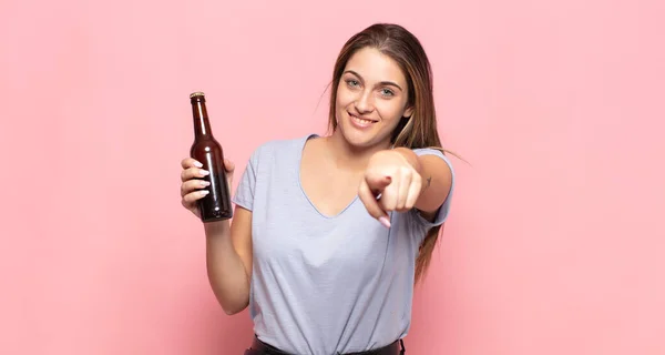 Young Blonde Woman Pointing Camera Satisfied Confident Friendly Smile Choosing — Stock Photo, Image