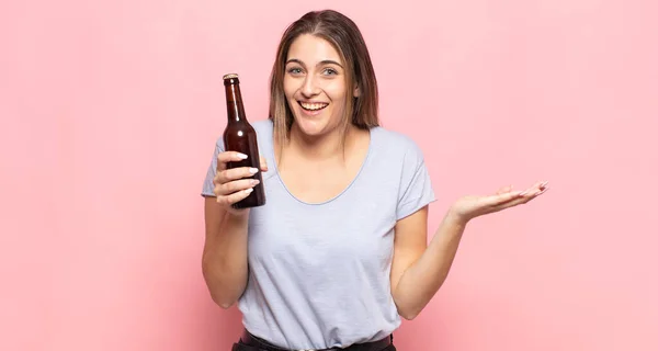 Young Blonde Woman Feeling Happy Surprised Cheerful Smiling Positive Attitude — Stock Photo, Image