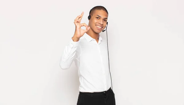 Young Black Man Feeling Happy Relaxed Satisfied Showing Approval Okay — Stock Photo, Image