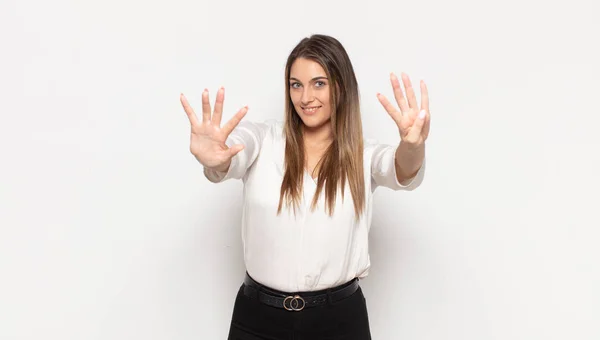 Young Blonde Woman Smiling Looking Friendly Showing Number Nine Ninth — Stock Photo, Image