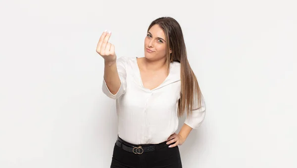 Jovem Loira Fazendo Capice Gesto Dinheiro Dizendo Lhe Para Pagar — Fotografia de Stock