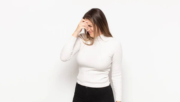 Young Blonde Woman Feeling Stressed Unhappy Frustrated Touching Forehead Suffering — Stock Photo, Image