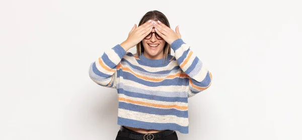 Young Blonde Woman Smiling Feeling Happy Covering Eyes Both Hands — Stock Photo, Image