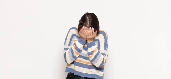 Young Blonde Woman Feeling Sad Frustrated Nervous Depressed Covering Face — Stock Photo, Image