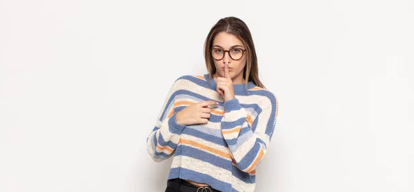 Young Blonde Woman Looking Serious Cross Finger Pressed Lips Demanding — Stock Photo, Image