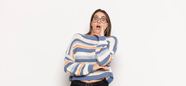 Young Blonde Woman Open Mouthed Shock Disbelief Hand Cheek Arm — Stock Photo, Image