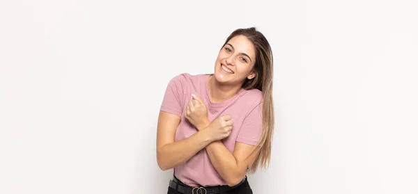 Young Blonde Woman Smiling Cheerfully Celebrating Fists Clenched Arms Crossed — Stock Photo, Image