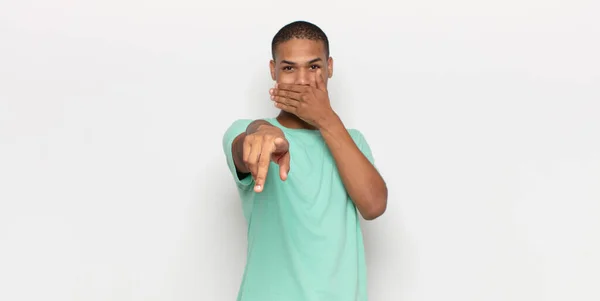 Young Black Man Laughing You Pointing Camera Making Fun Mocking — Stock Photo, Image