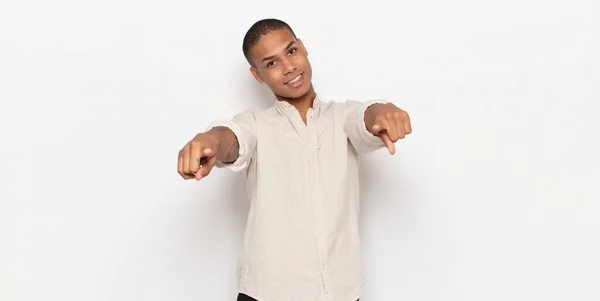 Young Black Man Feeling Happy Confident Pointing Camera Both Hands — Stock Photo, Image