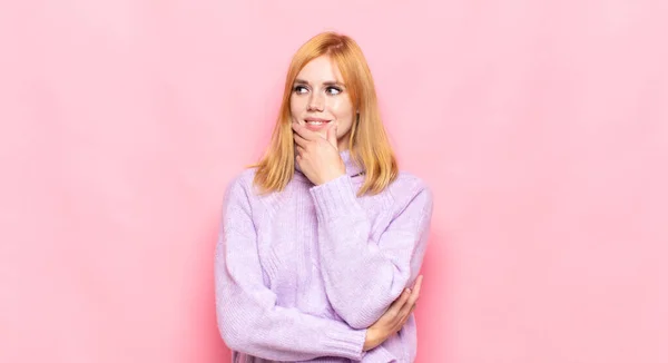 Red Head Pretty Woman Smiling Happy Confident Expression Hand Chin — Stock Photo, Image