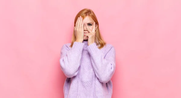 Red Head Pretty Woman Covering Face Hands Peeking Fingers Surprised — Stock Photo, Image