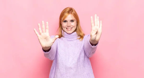 Red Head Pretty Woman Smiling Looking Friendly Showing Number Nine — Stock Photo, Image