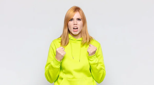 Red Head Pretty Woman Shouting Aggressively Annoyed Frustrated Angry Look — Stock Photo, Image