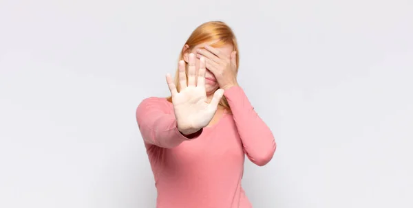 Red Head Pretty Woman Covering Face Hand Putting Other Hand — Stock Photo, Image