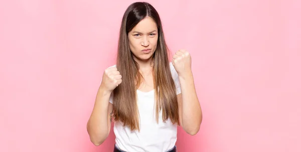 Young Pretty Woman Looking Confident Angry Strong Aggressive Fists Ready — Stock Photo, Image