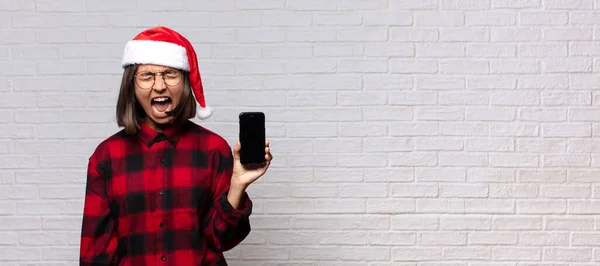 Mulher Bonita Com Chapéu Pai Natal Conceito Natal — Fotografia de Stock