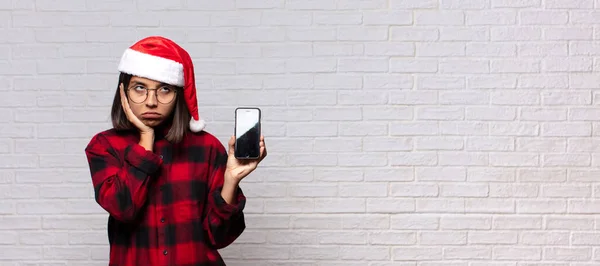 Mulher Bonita Com Chapéu Pai Natal Conceito Natal — Fotografia de Stock