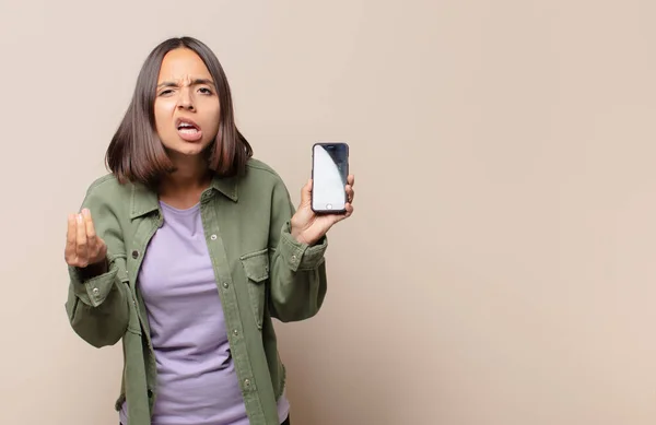 Jovem Mulher Fazendo Capice Gesto Dinheiro Dizendo Lhe Para Pagar — Fotografia de Stock