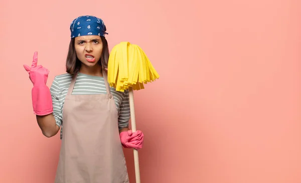 Young Woman Housekeeper Feeling Confused Puzzled Showing You Insane Crazy — Stock Photo, Image