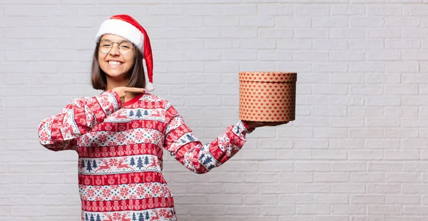 Young Woman Christmas Concept Brick Wall — Stock Photo, Image