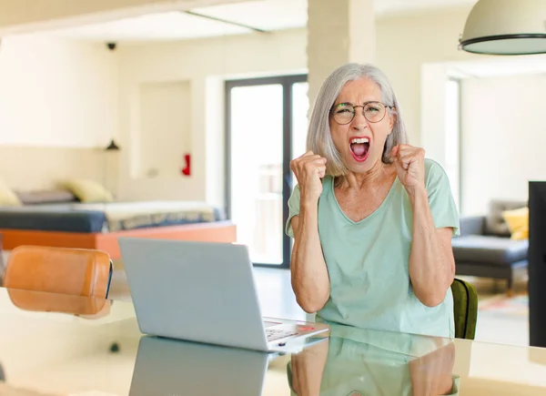 Middle Age Woman Shouting Aggressively Annoyed Frustrated Angry Look Tight — Stock Photo, Image