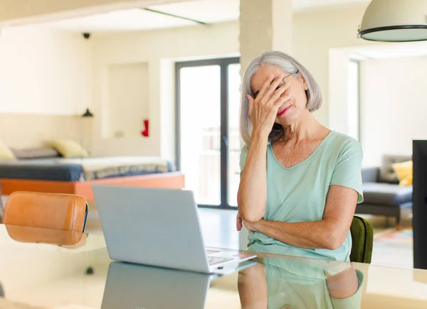 Middle Age Woman Looking Stressed Ashamed Upset Headache Covering Face — Stock Photo, Image
