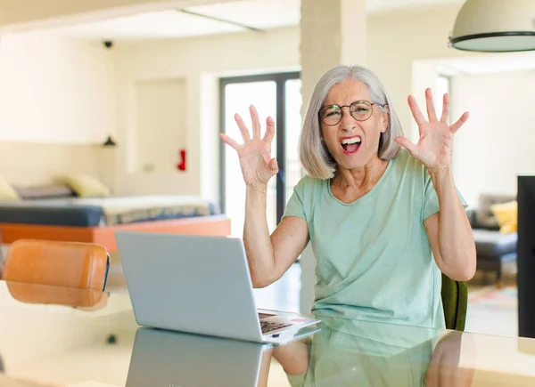 Middle Age Woman Screaming Panic Anger Shocked Terrified Furious Hands — Stock Photo, Image