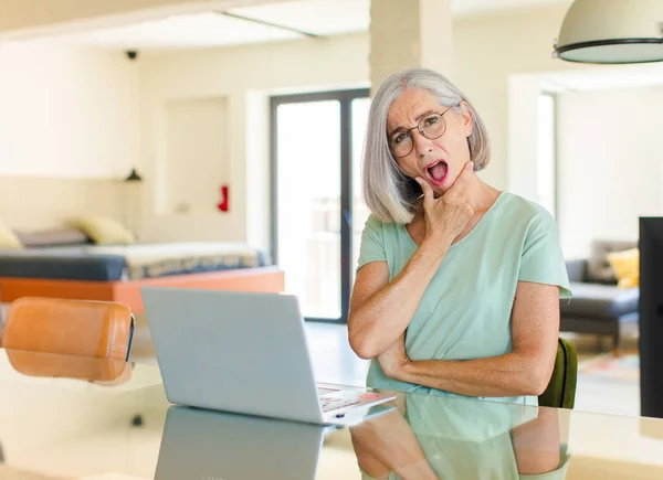 Middle Age Woman Mouth Eyes Wide Open Hand Chin Feeling — Stock Photo, Image