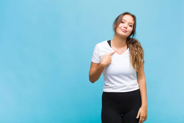Young Hispanic Woman Looking Proud Confident Happy Smiling Pointing Self — Stock Photo, Image