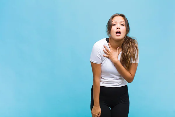 Young Hispanic Woman Feeling Shocked Surprised Smiling Taking Hand Heart — Stock Photo, Image