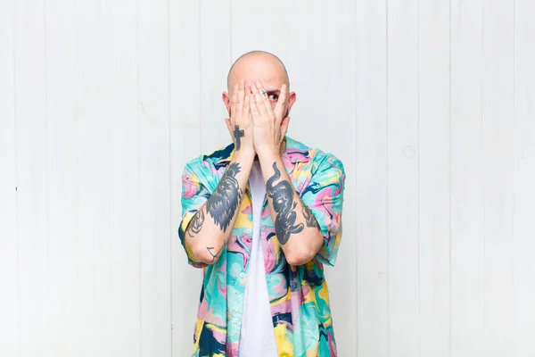 Bald Man Covering Face Hands Peeking Fingers Surprised Expression Looking — Stock Photo, Image