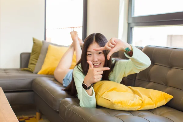 Young Asian Woman Feeling Happy Friendly Positive Smiling Making Portrait — Stock Photo, Image