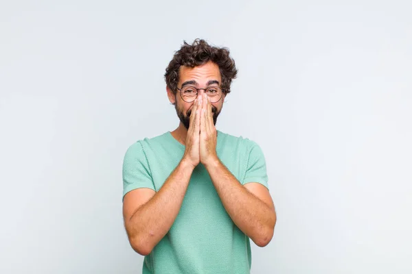 Young Bearded Man Looking Happy Cheerful Lucky Surprised Covering Mouth — Stock Photo, Image