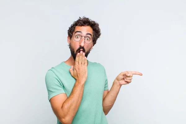 Young Bearded Man Feeling Happy Shocked Surprised Covering Mouth Hand — Stock Photo, Image