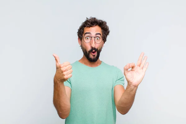 Young Bearded Man Feeling Happy Amazed Satisfied Surprised Showing Okay — Stock Photo, Image