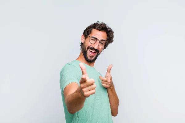 Young Bearded Man Feeling Happy Cool Satisfied Relaxed Successful Pointing — Stock Photo, Image