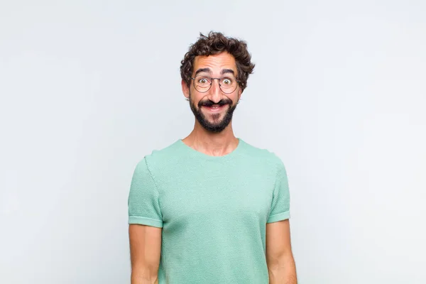 Young Bearded Man Looking Happy Goofy Broad Fun Loony Smile — Stock Photo, Image