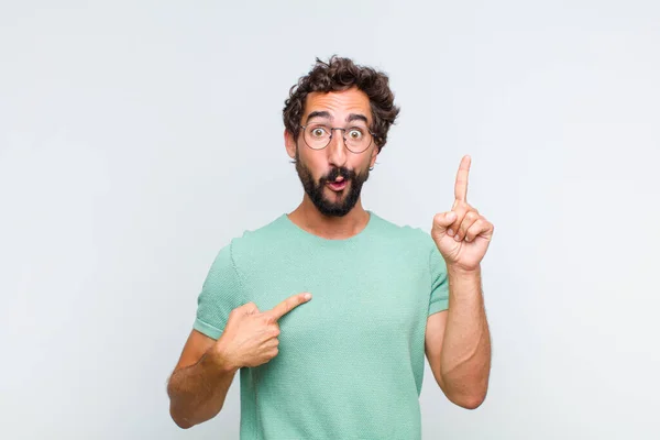 Young Bearded Man Feeling Proud Surprised Pointing Self Confidently Feeling — Stock Photo, Image