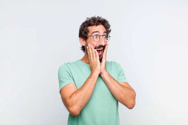 Young Bearded Man Feeling Happy Excited Surprised Looking Side Both — Stock Photo, Image