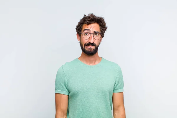 Young Bearded Man Feeling Clueless Confused Uncertain Which Option Pick — Stock Photo, Image