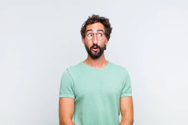 Young Bearded Man Feeling Shocked Happy Amazed Surprised Looking Side — Stock Photo, Image