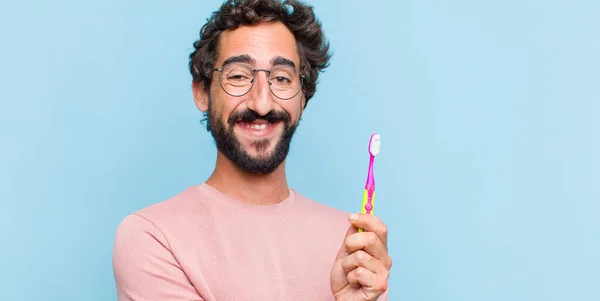 Young Bearded Man Laughing Shyly Cheerfully Friendly Positive Insecure Attitude — Stock Photo, Image