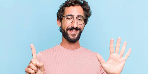 Young Bearded Man Smiling Looking Friendly Showing Number Six Sixth — Stock Photo, Image