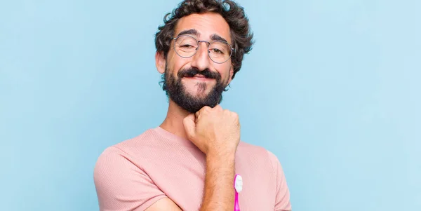 Young Bearded Man Smiling Enjoying Life Feeling Happy Friendly Satisfied — Stock Photo, Image