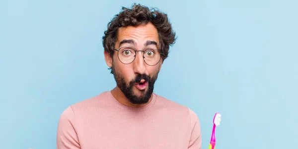 Young Bearded Man Open Mouthed Amazed Shocked Astonished Unbelievable Surprise — Stock Photo, Image