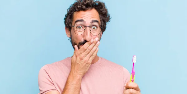 Young Bearded Man Happy Excited Surprised Amazed Covering Mouth Hands — Stock Photo, Image