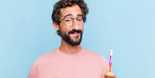 Young Bearded Man Looking Proud Confident Happy Smiling Pointing Self — Stock Photo, Image