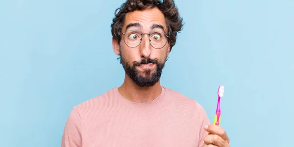 Young Bearded Man Looking Goofy Funny Silly Cross Eyed Expression — Stock Photo, Image
