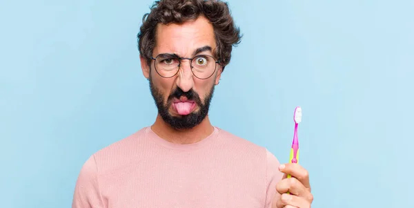 Young Bearded Man Feeling Disgusted Irritated Sticking Tongue Out Disliking — Stock Photo, Image